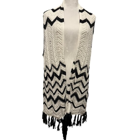 Chico's Women's Cardigan Medium Black White Embroidered Open Front Size 3 - Picture 1 of 12